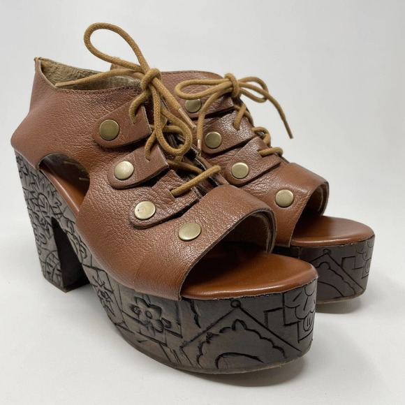 Free People Shoes - Free People Brown Leather Platform Sandals with Carved Wood-Effect Heel